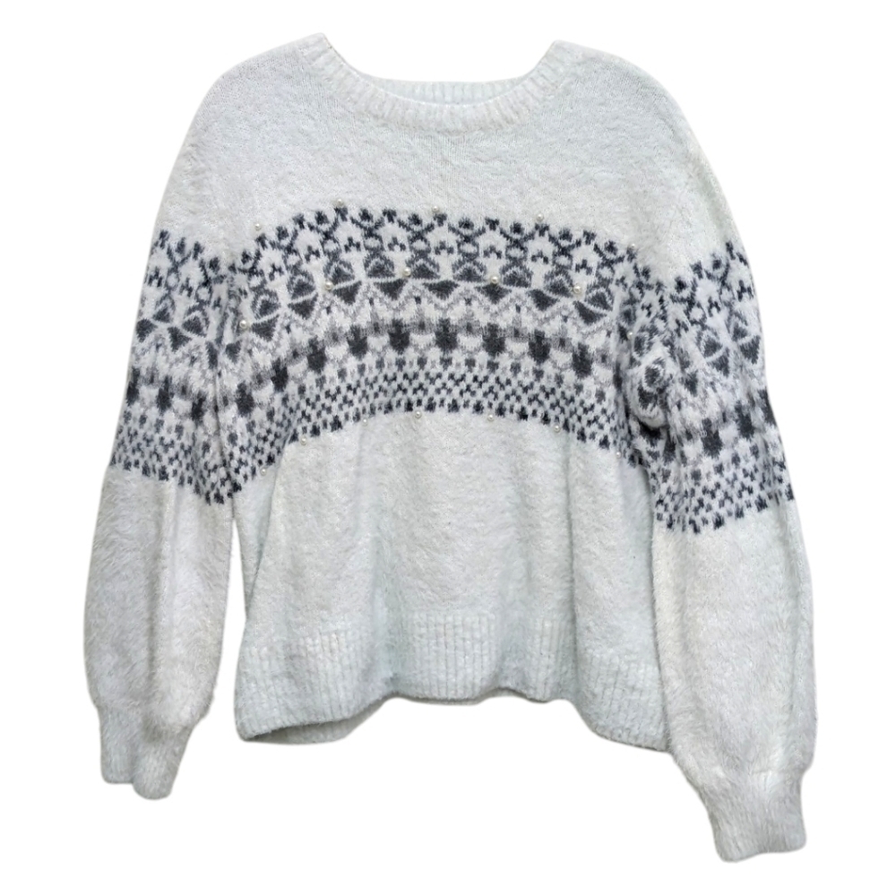 CeCe Festive White Holiday Beaded Pearl Fuzzy Pullover Sweater Medium